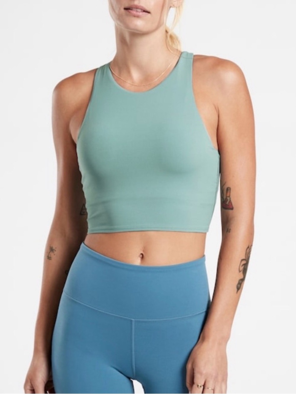 Athleta Conscious Crop A-C Tea Dye Sports Bra Sage, Cornflower, green, yoga top